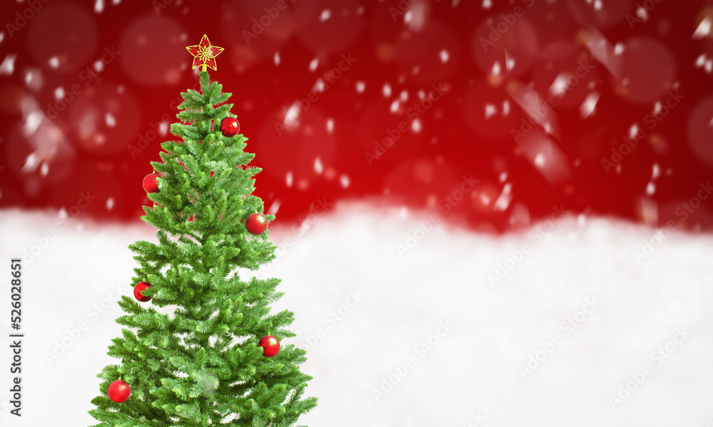 Christmas tree with decorations on a red background with falling snow
