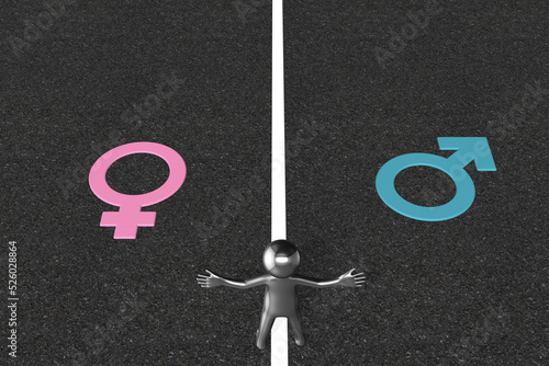 3D rendered male female symbols or signs representing gender choice or uncertainty concep