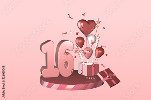 3D rendered display suitable for 16 16th birthday or sixteen sixteenth anniversary celebration card or invitation photo
