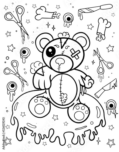 Kawaii bear. Coloring book for children. Coloring book for adults. Halloween coloring page. Horror. Kawaii. Black and white illustration