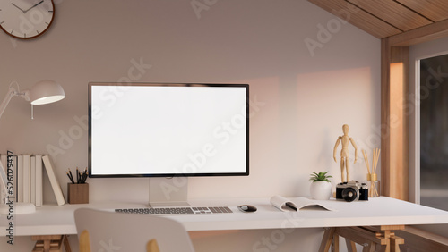 Minimal white and wood interior design in home working room with computer mockup on white table