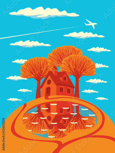 Autumn landscape with yellowed trees, clouds in the sky, a cute colorful house and a small lake. Airplane in the sky. Decorative vector illustration in autumn yellow and orange colors in cartoon style