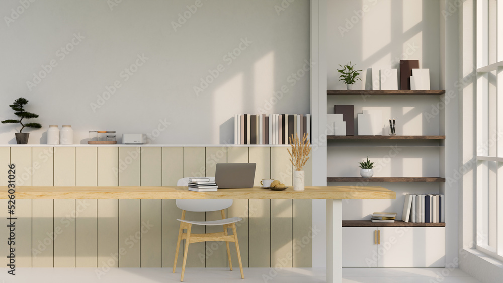 Minimal and comfortable white working room interior with copy space on wood working table Minimal and comfortable white working room interior with copy space on wood working table