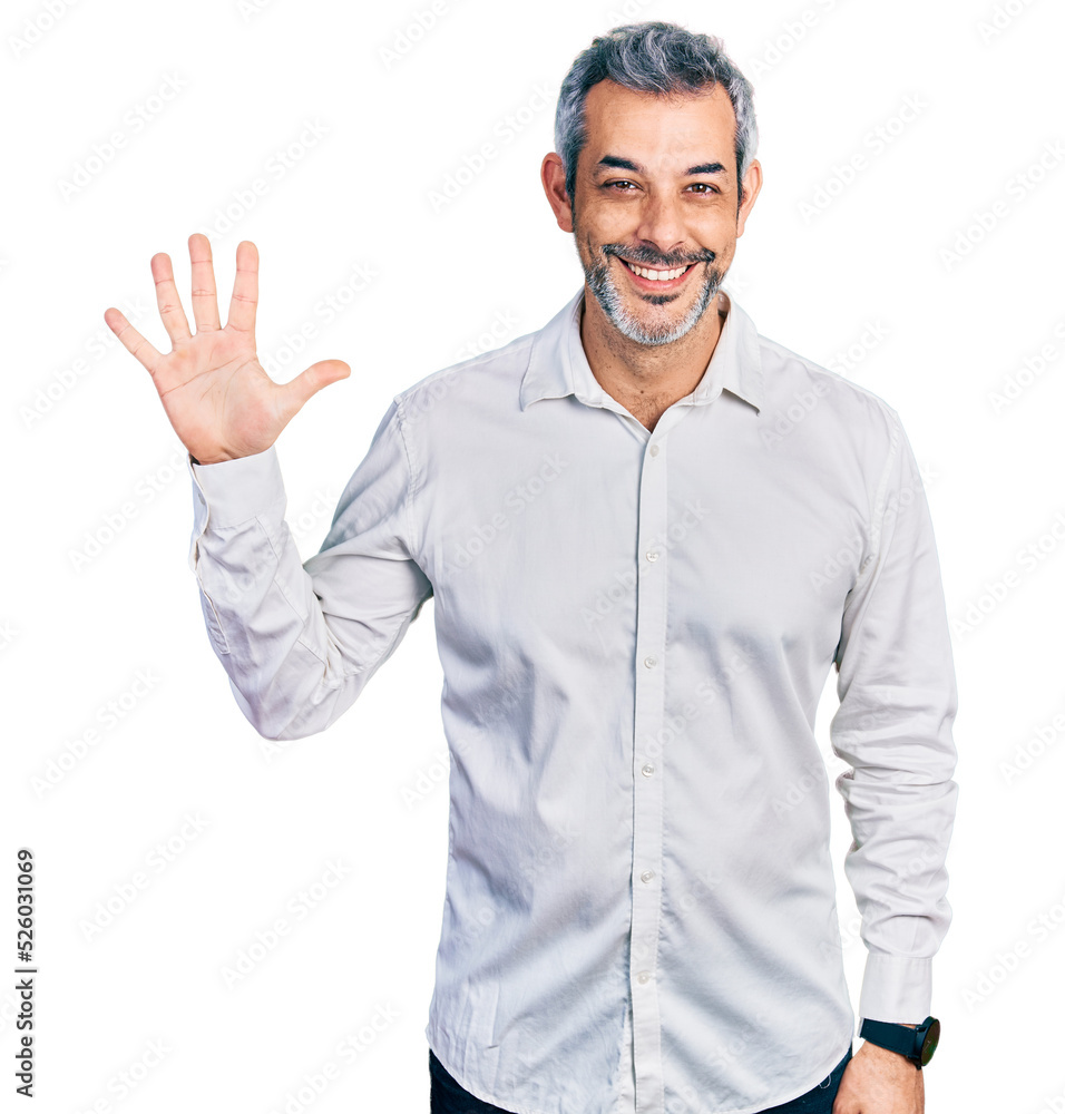 Middle age hispanic with grey hair wearing casual white shirt showing and pointing up with fingers number five while smiling confident and happy. Middle age hispanic with grey hair wearing casual white shirt showing and pointing up with fingers number five while smiling confident and happy.