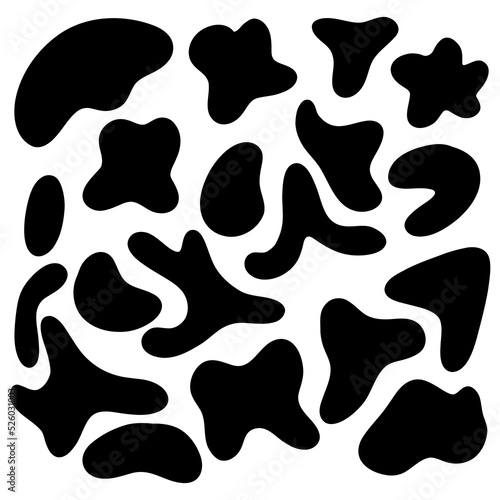 Organic spot. random form. Organic abstract irregular shapes  stone or black blobs. Abstract pebble silhouettes  blotch and inkblot. Simple liquid splodge elements water forms. Vector minimal bubble.