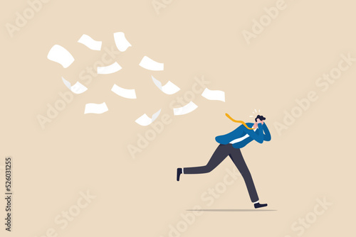 Overwhelmed or work overload, exhausted and anxiety, stressed and tired from problem and trouble, panic attack or shocked, burnout and depression concept, fearful businessman runaway from paperwork.