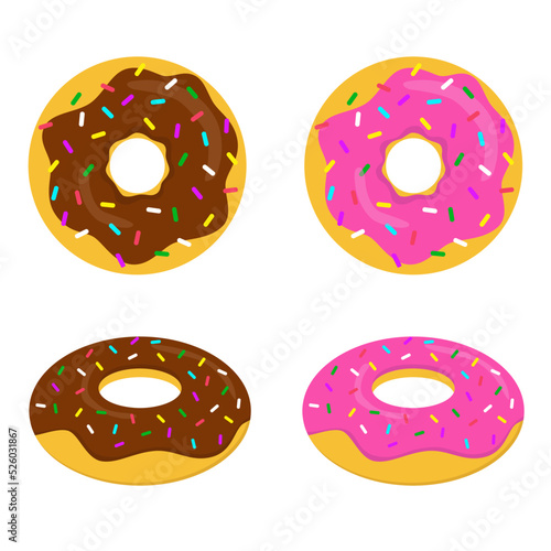 Sweet colorful tasty donut set isolated on white background. Glazed doughnut top view and 3d collection for cafe decoration or menu design. Chocolate purple and blue pastry bakery. Vector