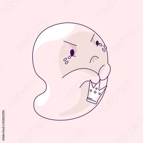 Hand-drawn abstract funny cute comic book ghost. Image of an offended spirit with tears in his eyes and holding a crown