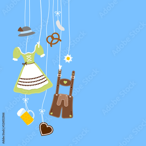 Links Hängende Oktoberfest Symbole Hut Grün Braun Blauer Hintergrund