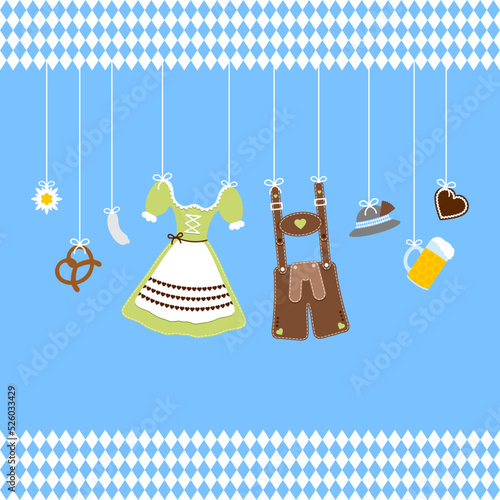 Gerade Hängende Oktoberfest Symbole Hut Grün Braun Rautenmuster Bordüre Blauer Hintergrund
