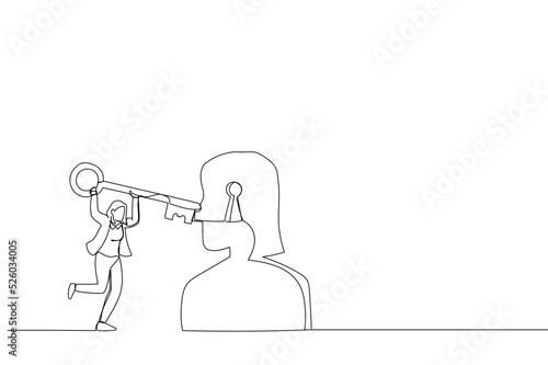 Cartoon of businesswoman hold key try to open person's mind. Metaphor for therapy, psychotherapy, and psychology. Single continuous line art style
