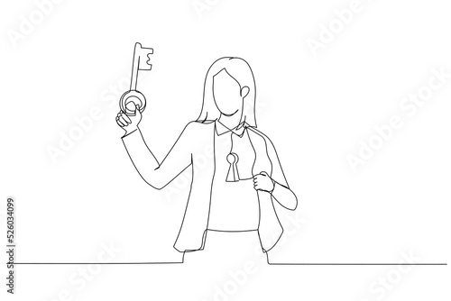 Drawing of businesswoman holding big key about to unlock keyhole on his body. Metaphor for reach true potential, personal career success. One line style art
