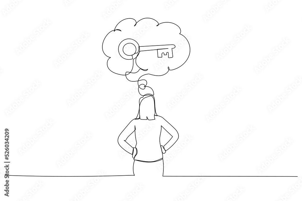 Drawing of businesswoman thinking about key to success. Single line art style Drawing of businesswoman thinking about key to success. Single line art style