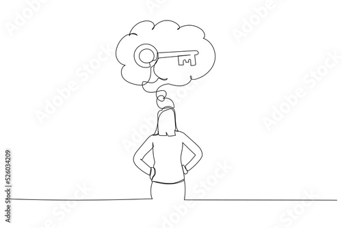 Drawing of businesswoman thinking about key to success. Single line art style