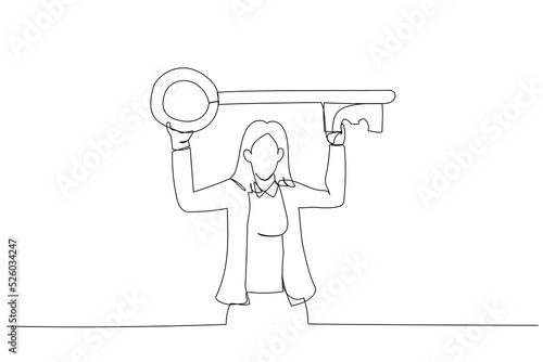 Illustration of businesswoman standing carry big key in raised over head. Metaphor for having strategic key ideas. One line art style © rina