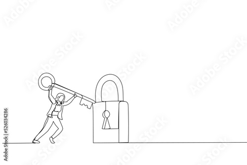 Cartoon of smart businesswoman holding big key to unlock the pad. Metaphor for problem solving, solutions, and business accessibility. Continuous line art