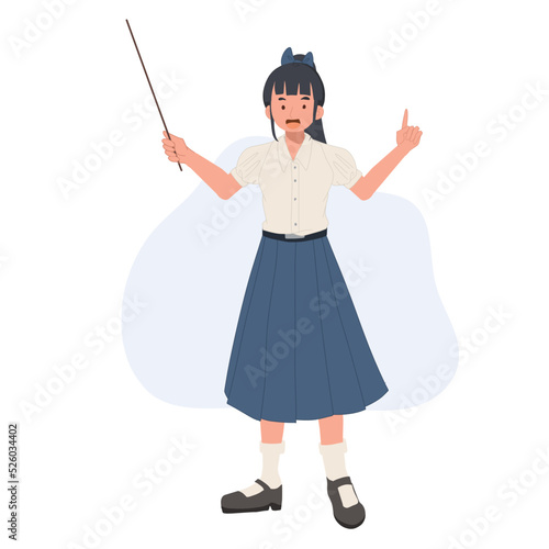 Asian student in school uniform. Thai student girl is holding a pointer and start explaining. education presentation concept. vector illustration