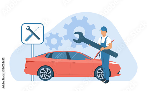 Concept for car service. Mechanic with wrench, car, tools and gears. Vector illustration.