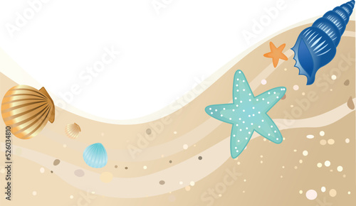 Summer background with sea stars and shells on sandy beach with copy space