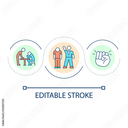 Workplace harassment loop concept icon. Abuse and aggression. Violent actions. Offensive behavior abstract idea thin line illustration. Isolated outline drawing. Editable stroke. Arial font used