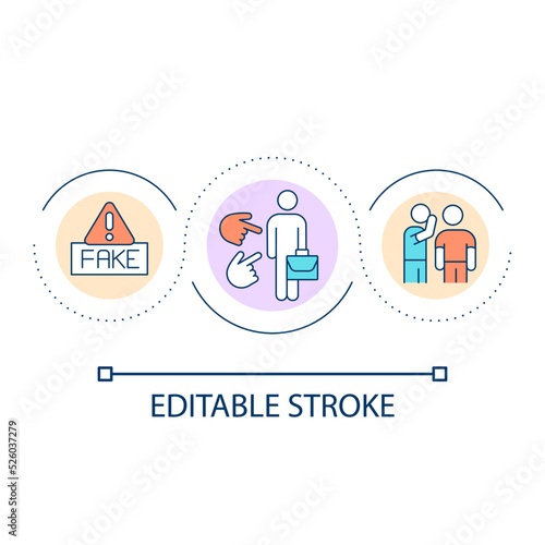 Fake rumors at work loop concept icon. False gossip. Offensive and insulting judgements. Abuse coworker abstract idea thin line illustration. Isolated outline drawing. Editable stroke. Arial font used