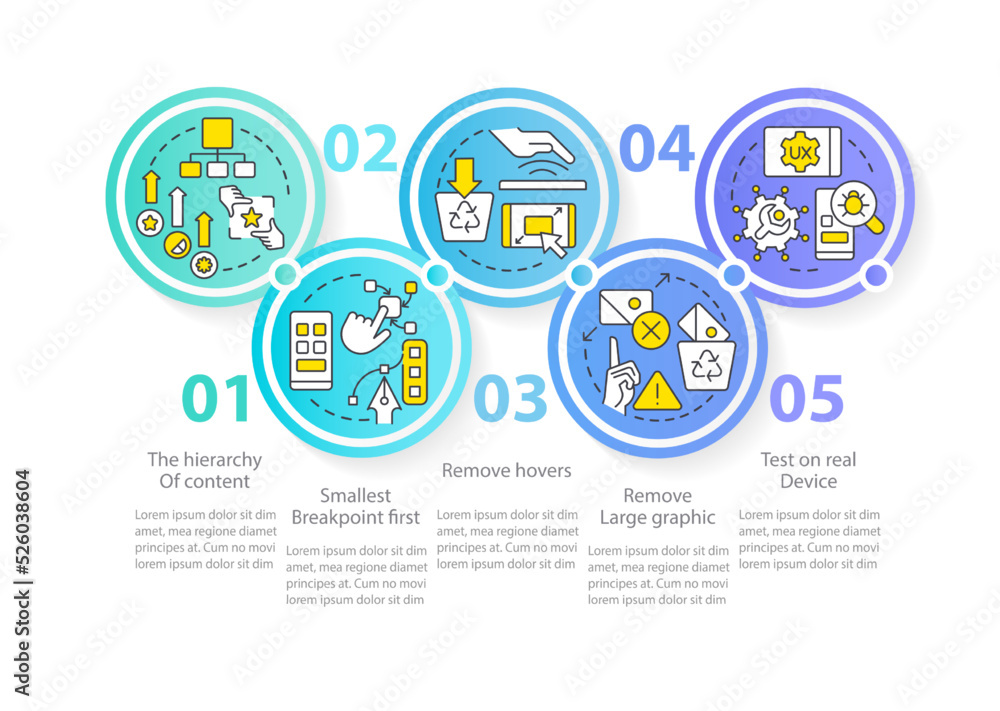 Mobile first design process blue circle infographic template. Data visualization with 5 steps. Editable timeline info chart. Workflow layout with line icons. Myriad Pro-Regular font used Mobile first design process blue circle infographic template. Data visualization with 5 steps. Editable timeline info chart. Workflow layout with line icons. Myriad Pro-Regular font used