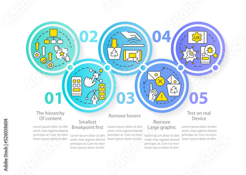 Mobile first design process blue circle infographic template. Data visualization with 5 steps. Editable timeline info chart. Workflow layout with line icons. Myriad Pro-Regular font used