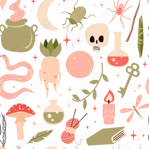 cute cartoon funny halloween decorative seamless vector pattern background illustration with witchcraft symbol elements for holidays season