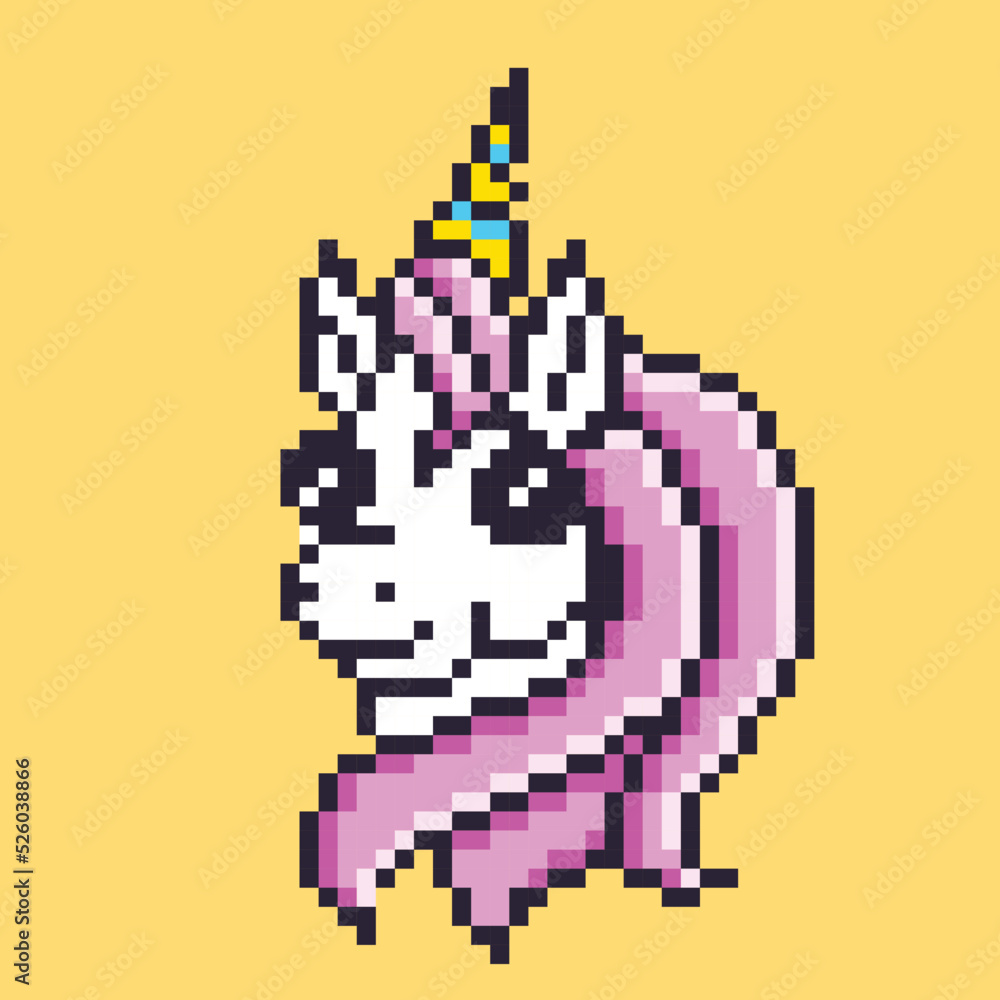 Fototapeta premium Cute female unicorn smiling. Vector 8 bit pixel art illustration. Isolated background