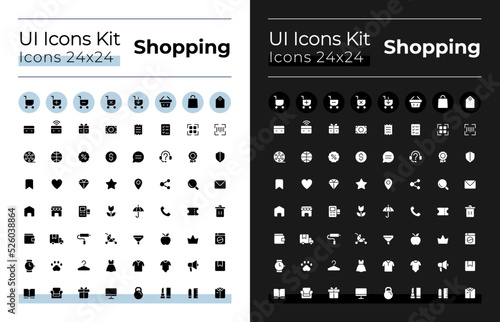 Shopping glyph ui icons set for dark, light mode. Digital commerce. Silhouette symbols for night, day themes. Solid pictograms. Vector isolated illustrations. Montserrat Bold, Light fonts used