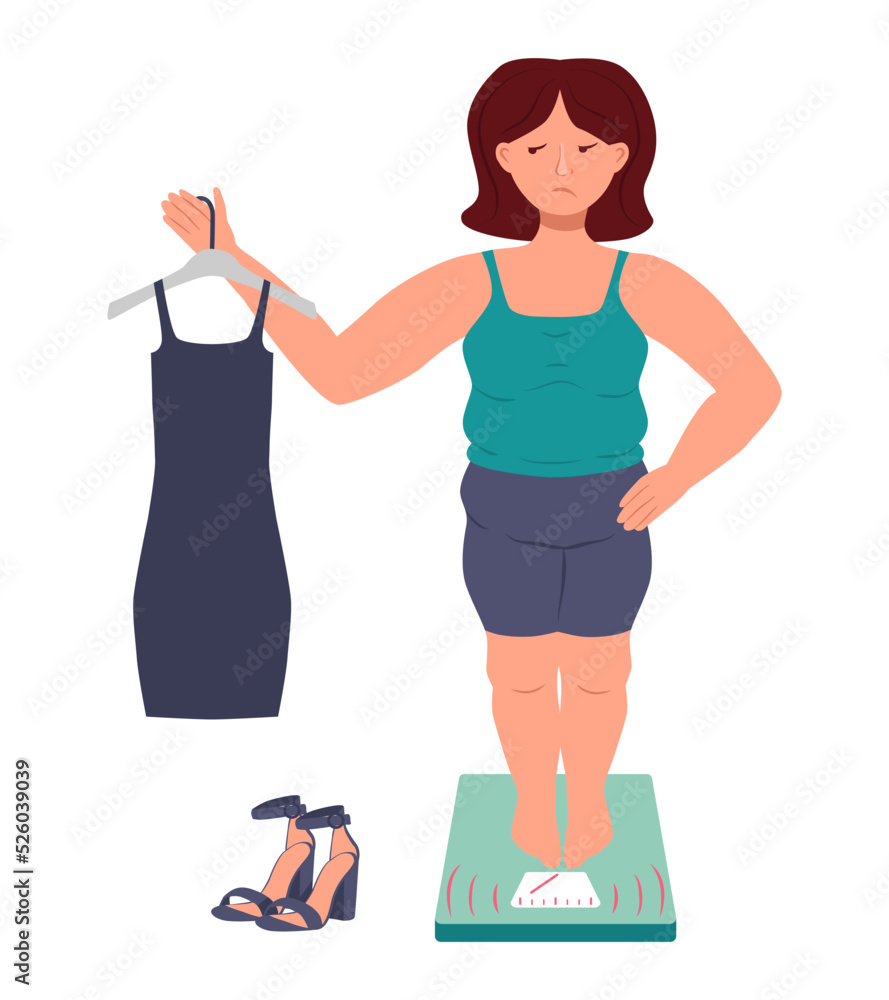 Full girl is weighed on the scales and holds a tight dress in her hand. Young woman is worried about being overweight. Vector illustration in flat style on a white background Full girl is weighed on the scales and holds a tight dress in her hand. Young woman is worried about being overweight. Vector illustration in flat style on a white background