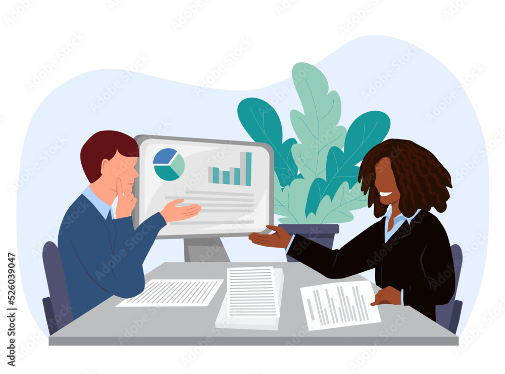 A man and a woman discuss business issues at the table. There are documents on the table, a computer monitor in the background. Colleagues solve work problems. Vector illustration, flat style