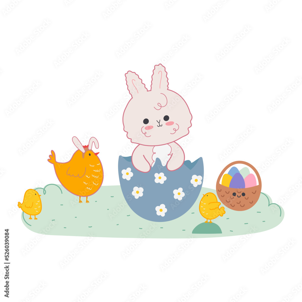 Vector illustration of kawaii easter bunny with mother hen and chicks .Easter and spring concept for postcards, posters and kids decor Vector illustration of kawaii easter bunny with mother hen and chicks .Easter and spring concept for postcards, posters and kids decor