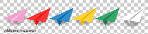 Colorful paper plane and origami airplane icon set. Set of paper airplanes isolated on transparent background.3D realistic paper plane.