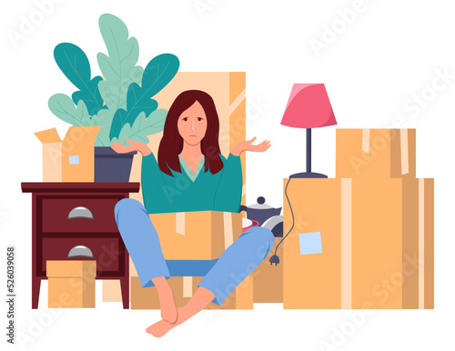Sad girl sits on a box and sadly spreads рук hands. Packaging boxes are standing nearby. Moving to a new house, collecting and packing things. Vector illustration in flat style