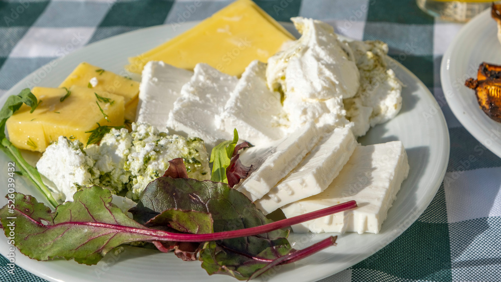 Soft cheese and baby leaf salad for Israeli breakfast on white plate.