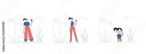 A set of vector illustrations of women using smartphones. character in different styles of hyperbolization.