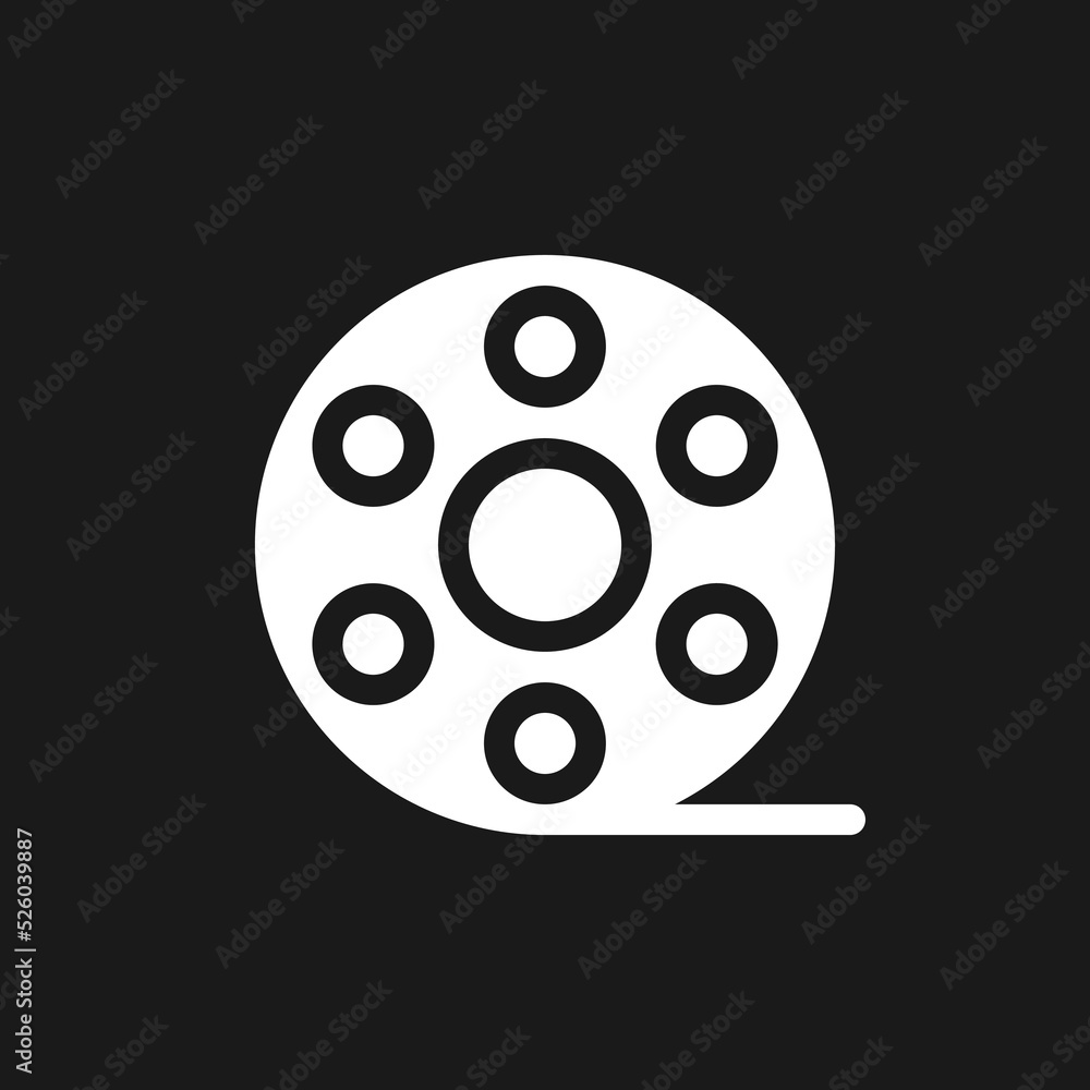 Film reel dark mode glyph ui icon. Motion pictures. Recorded strip. User interface design. White silhouette symbol on black space. Solid pictogram for web, mobile. Vector isolated illustration Film reel dark mode glyph ui icon. Motion pictures. Recorded strip. User interface design. White silhouette symbol on black space. Solid pictogram for web, mobile. Vector isolated illustration