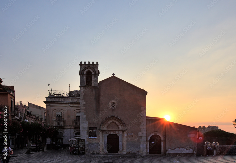 Piazza IX Aprile, Taormina and Sant'Agostino church, Sicily, Italy Piazza IX Aprile, Taormina and Sant'Agostino church, Sicily, Italy