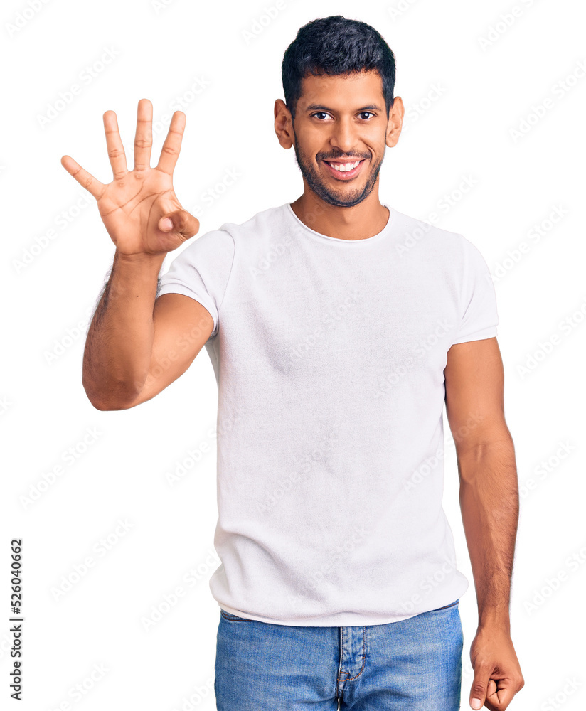 Young latin man wearing casual clothes showing and pointing up with fingers number four while smiling confident and happy. Young latin man wearing casual clothes showing and pointing up with fingers number four while smiling confident and happy.