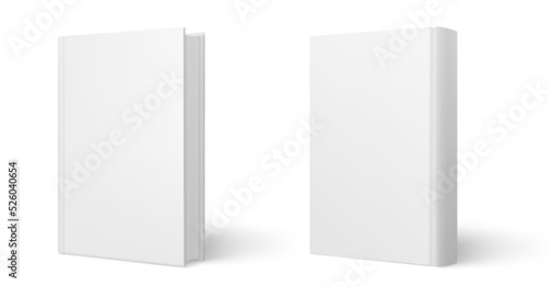 Book cover blank white vertical mockup. Blank book template mockup. Empty book cover different views isolated on white background - stock vector. © Comauthor