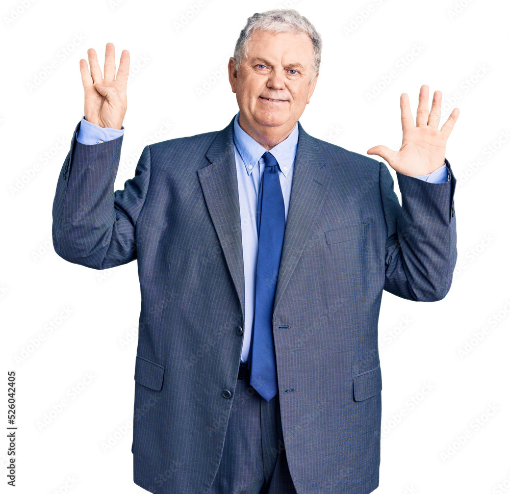 Senior grey-haired man wearing business jacket showing and pointing up with fingers number nine while smiling confident and happy. Senior grey-haired man wearing business jacket showing and pointing up with fingers number nine while smiling confident and happy.