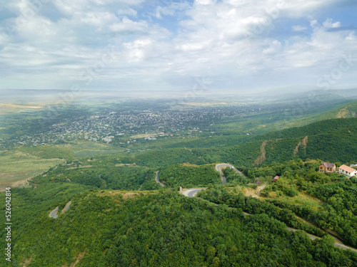 Beautiful view of the Alazani valley on a summer day, view from a drone. Georgia, Kakheti region