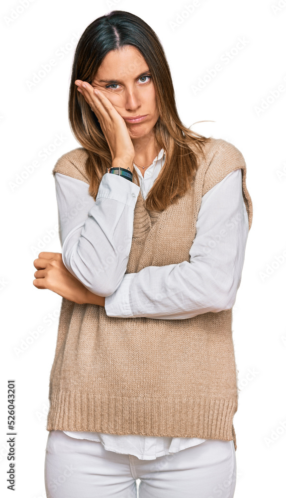 Young woman wearing casual clothes thinking looking tired and bored with depression problems with crossed arms. Young woman wearing casual clothes thinking looking tired and bored with depression problems with crossed arms.