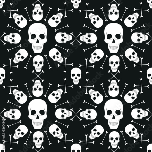 Seamless monochrome pattern of a skull surrounded by other skulls and bones 