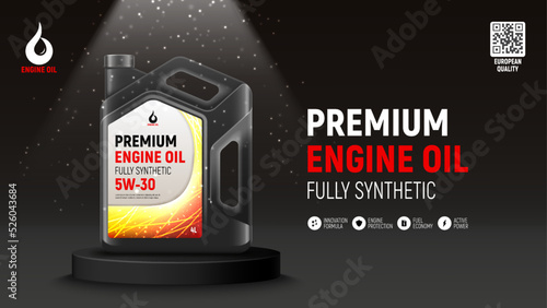 Engine oil advertising banner. Realistic vector illustration with canister of engine oil on black podium. 3d ad banner. Advertisement of full synthetic and protection engine oil.