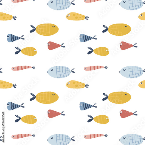 Seamless pattern with cute colored hand drawn fishes. Nice funny doodle water animals with big eyes and small fins.