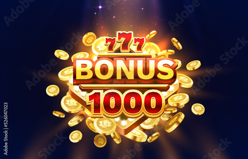 Casino slots machine winner, jackpot fortune bonus 1000, 777 win banner. Vector