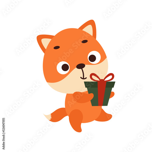 Cute little fox carries gift box on white background. Cartoon animal character for kids t-shirts, nursery decoration, baby shower, greeting card, invitation, house interior. Vector stock illustration