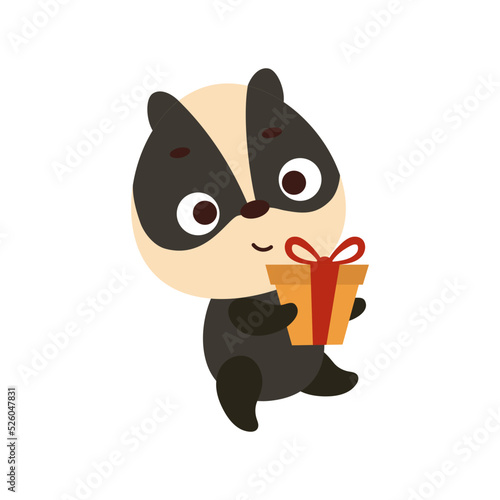 Cute little badger carries gift box on white background. Cartoon animal character for kids t-shirts, nursery decoration, baby shower, greeting card, house interior. Vector stock illustration